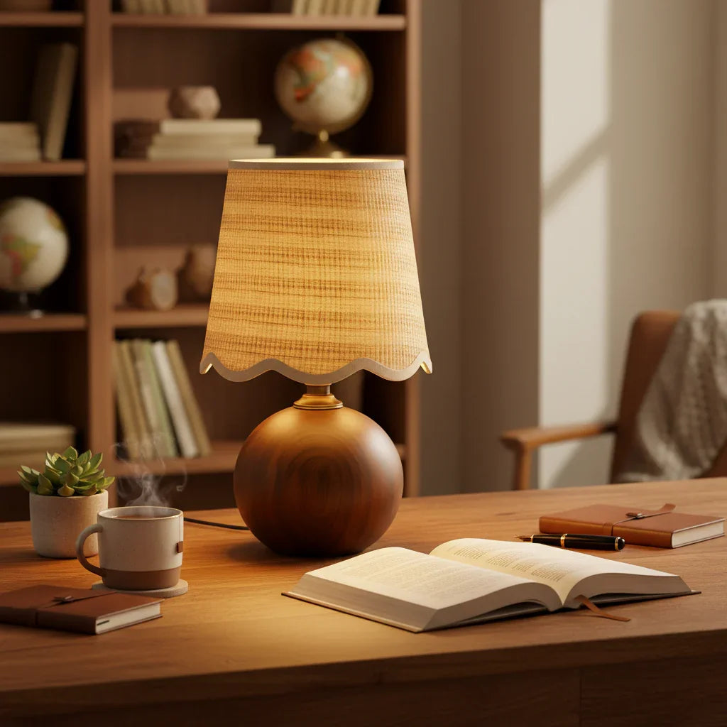 Rustic Wood Base with Linen Shade Table Lamp - IPLUS Lighting