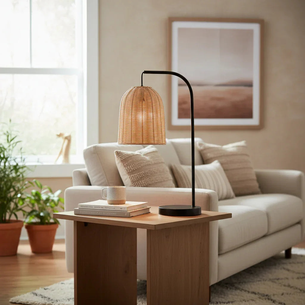 Brown Rattan 1 Light Table Lamp with Metal Base - IPLUS Lighting