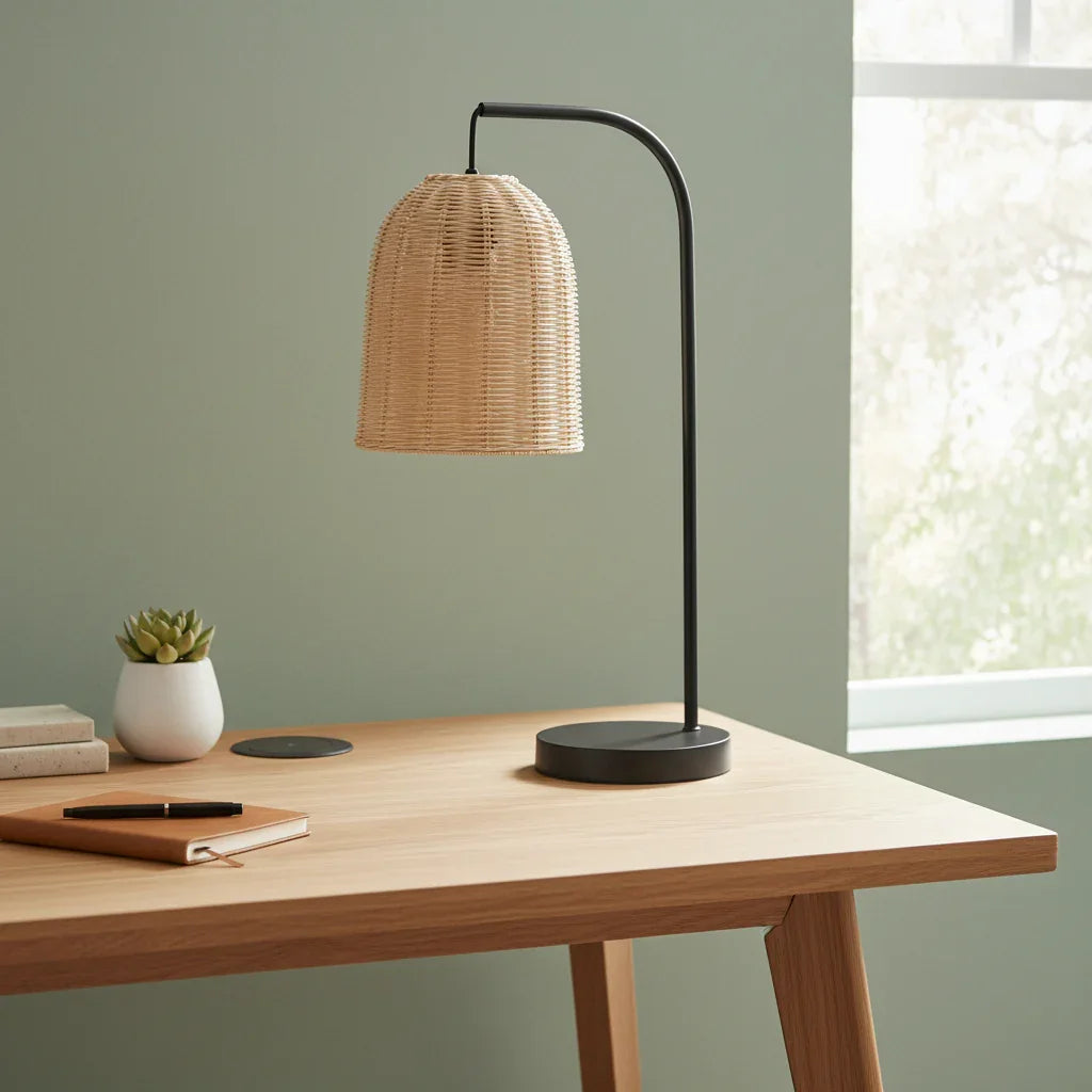 Brown Rattan 1 Light Table Lamp with Metal Base - IPLUS Lighting