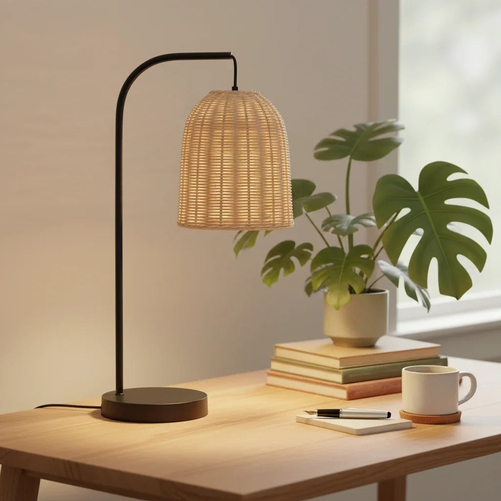 Brown Rattan 1 Light Table Lamp with Metal Base - IPLUS Lighting