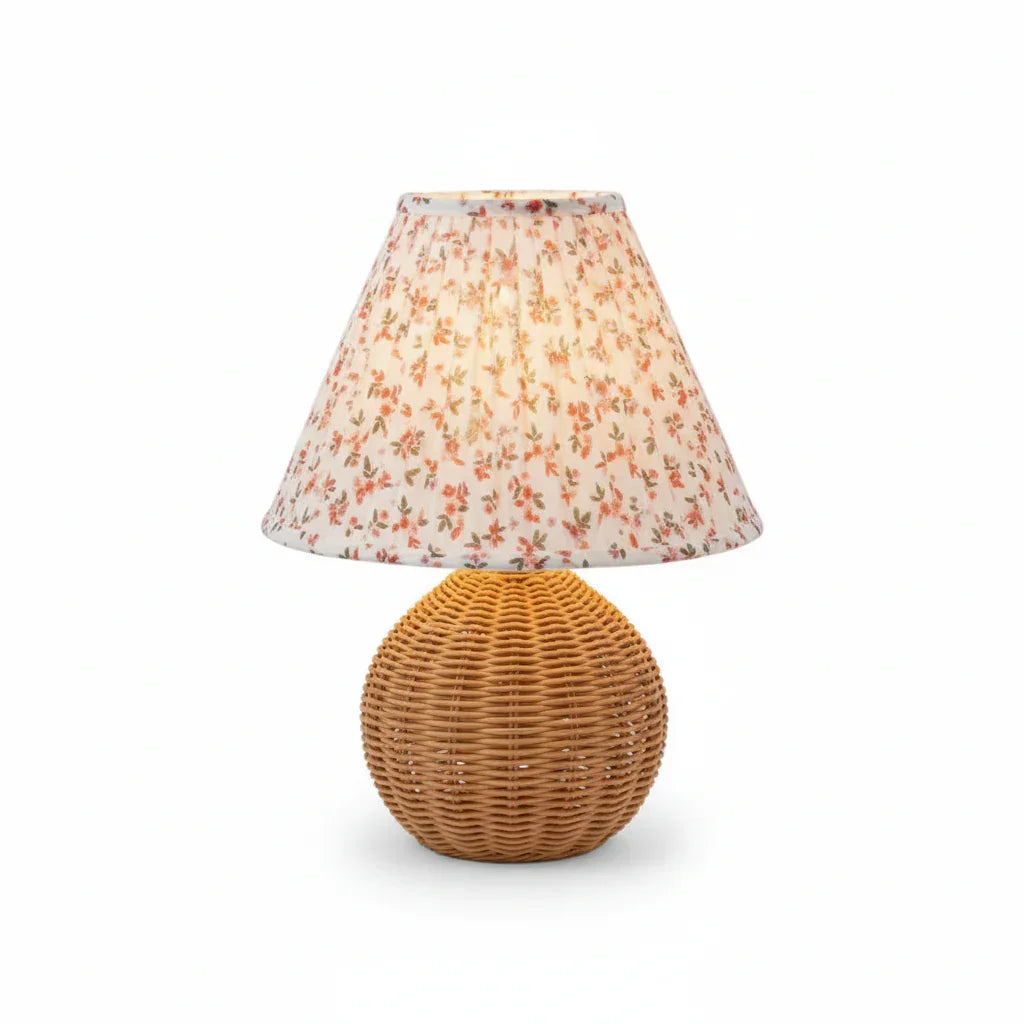 Round 10 Inch Faux Rattan with Pleated Floral Shade Table Lamp - IPLUS Lighting