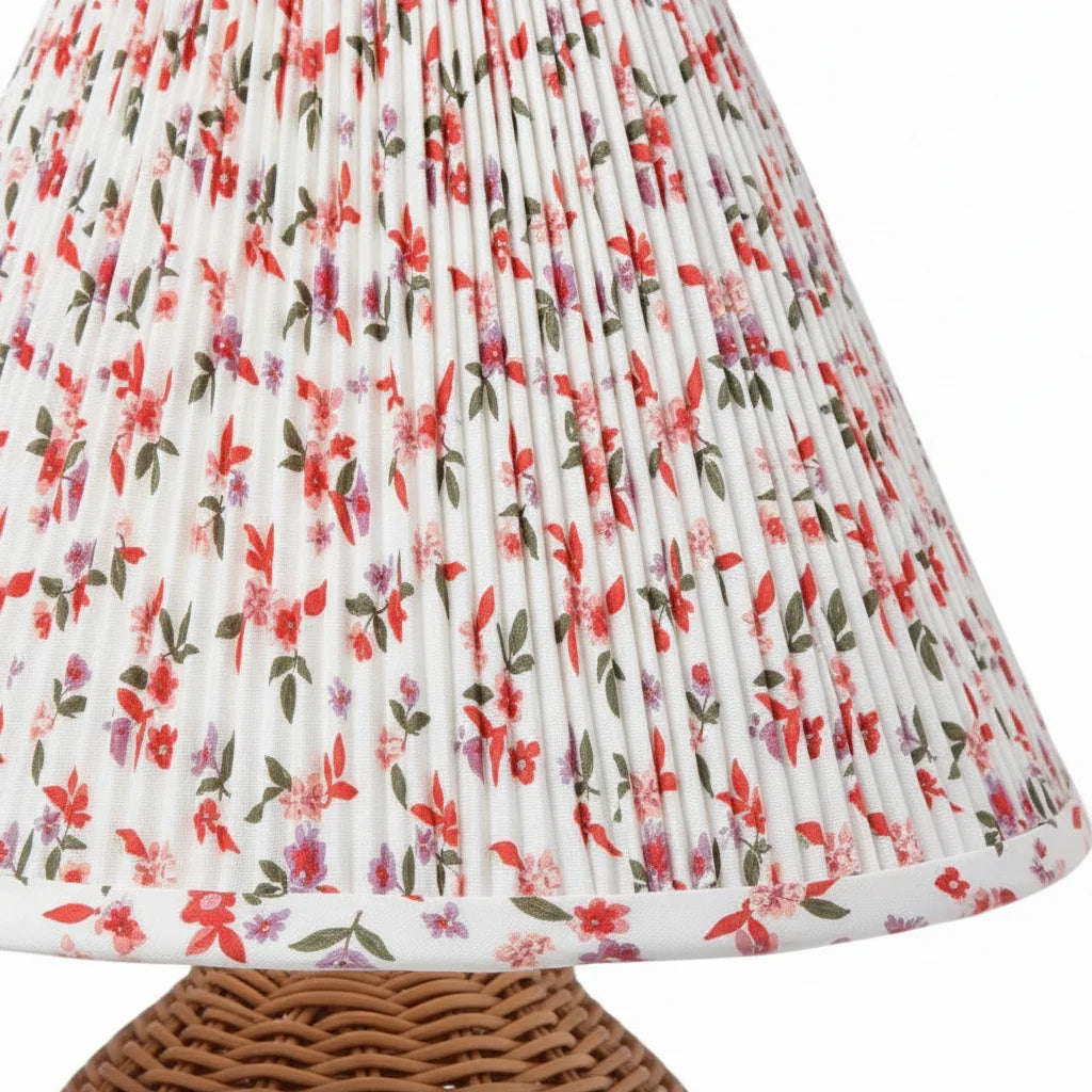 Round 10 Inch Faux Rattan with Pleated Floral Shade Table Lamp - IPLUS Lighting
