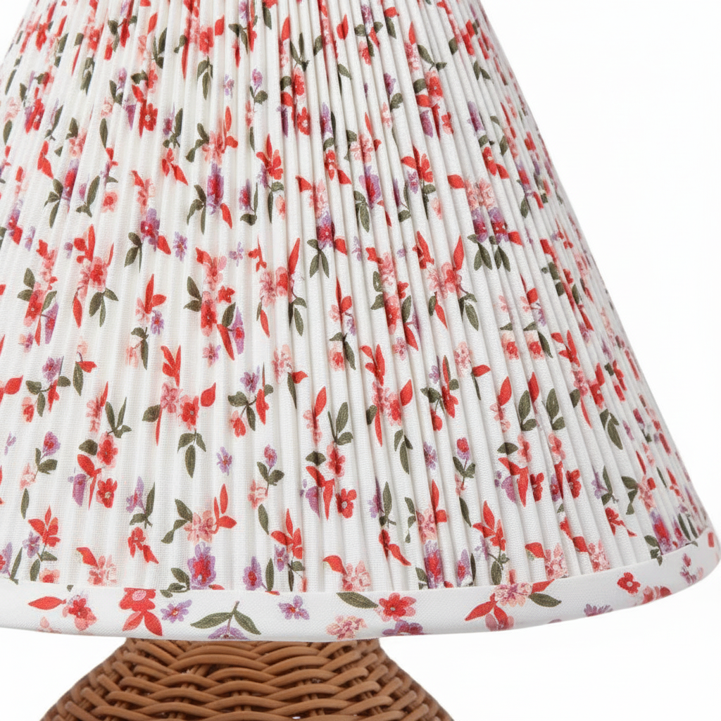 Round 10 Inch Faux Rattan with Pleated Floral Shade Table Lamp