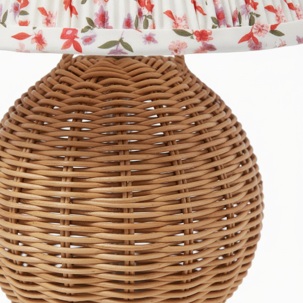 Round 10 Inch Faux Rattan with Pleated Floral Shade Table Lamp