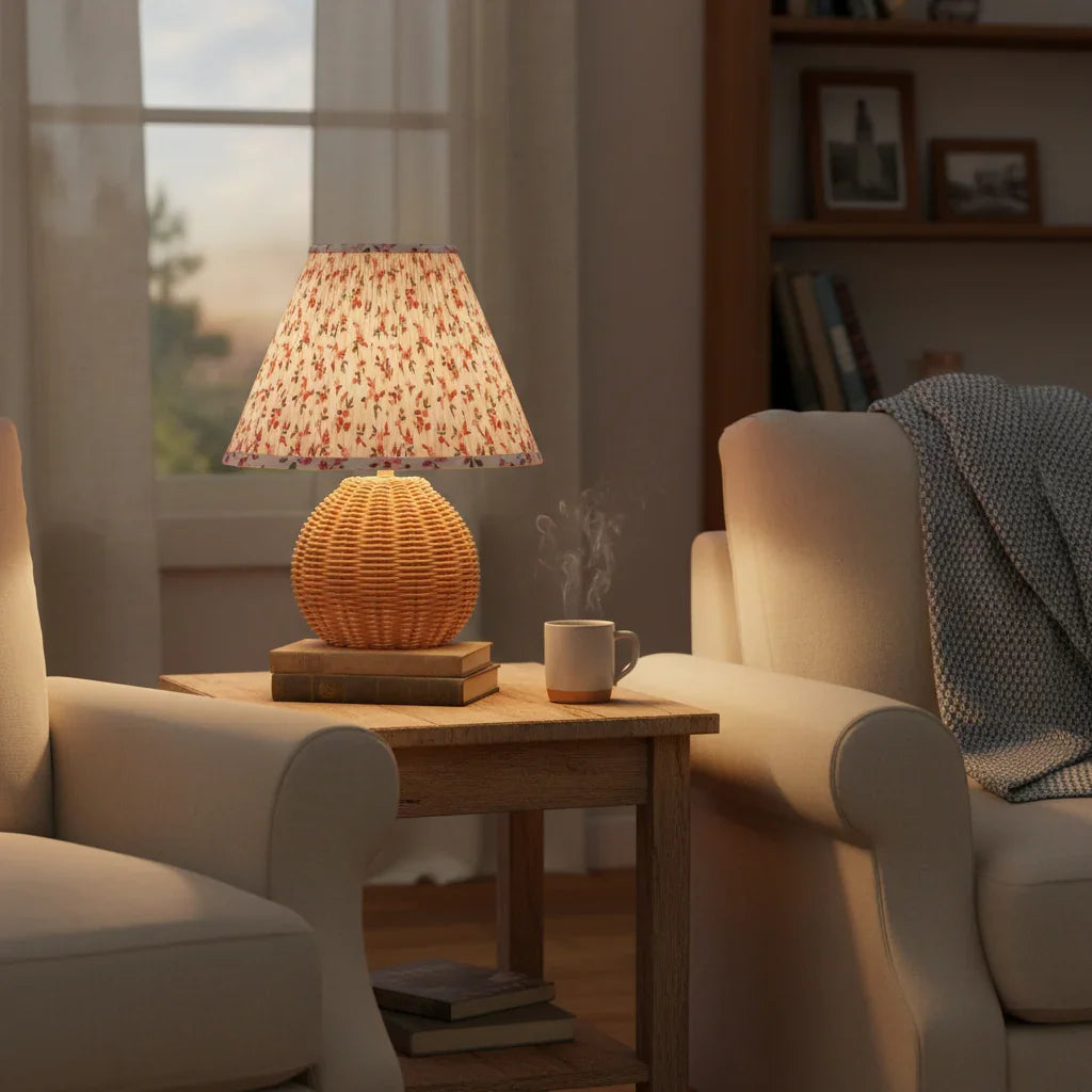 Round 10 Inch Faux Rattan with Pleated Floral Shade Table Lamp - IPLUS Lighting