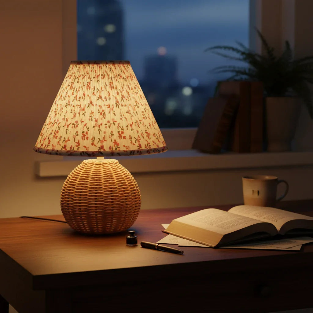 Round 10 Inch Faux Rattan with Pleated Floral Shade Table Lamp - IPLUS Lighting