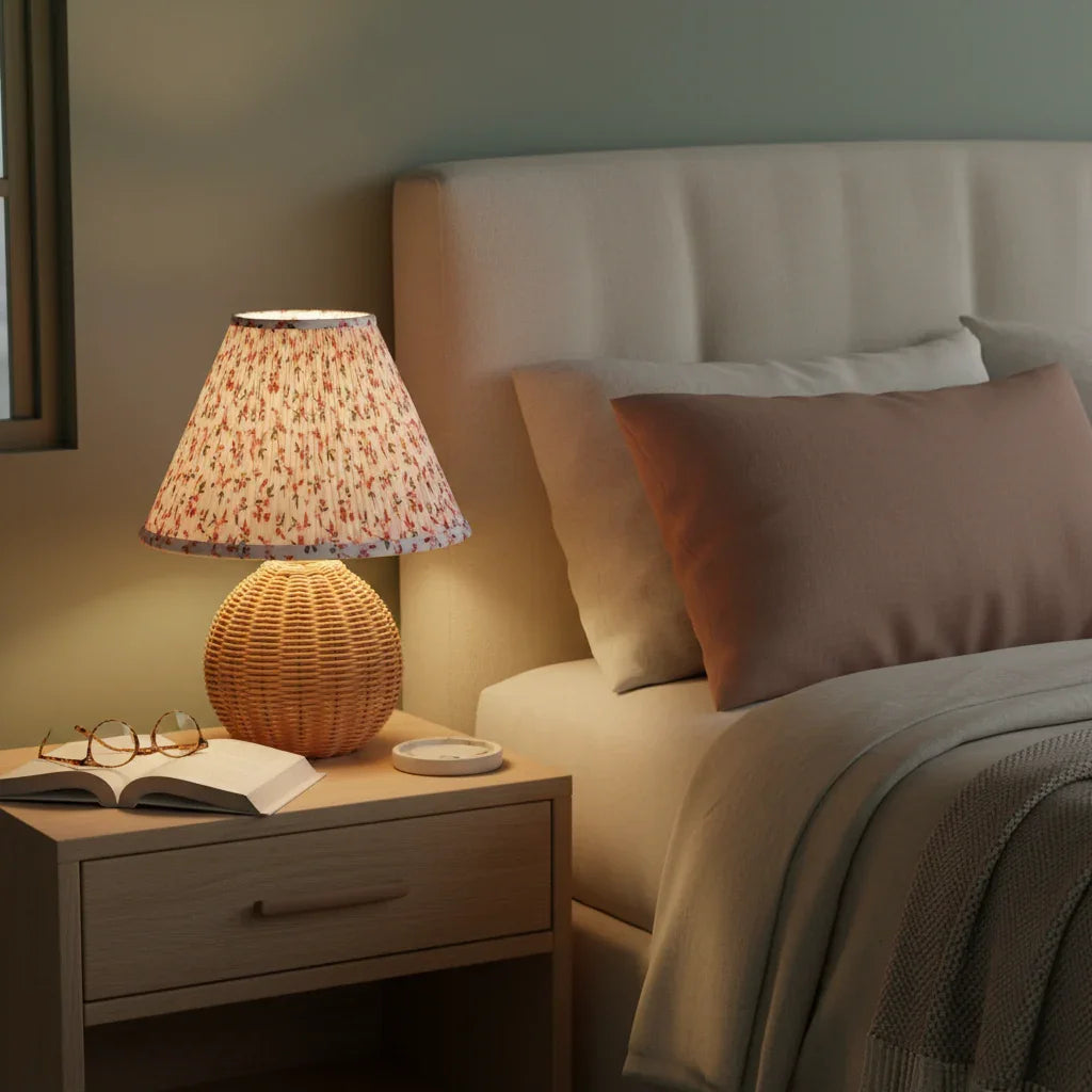 Round 10 Inch Faux Rattan with Pleated Floral Shade Table Lamp - IPLUS Lighting