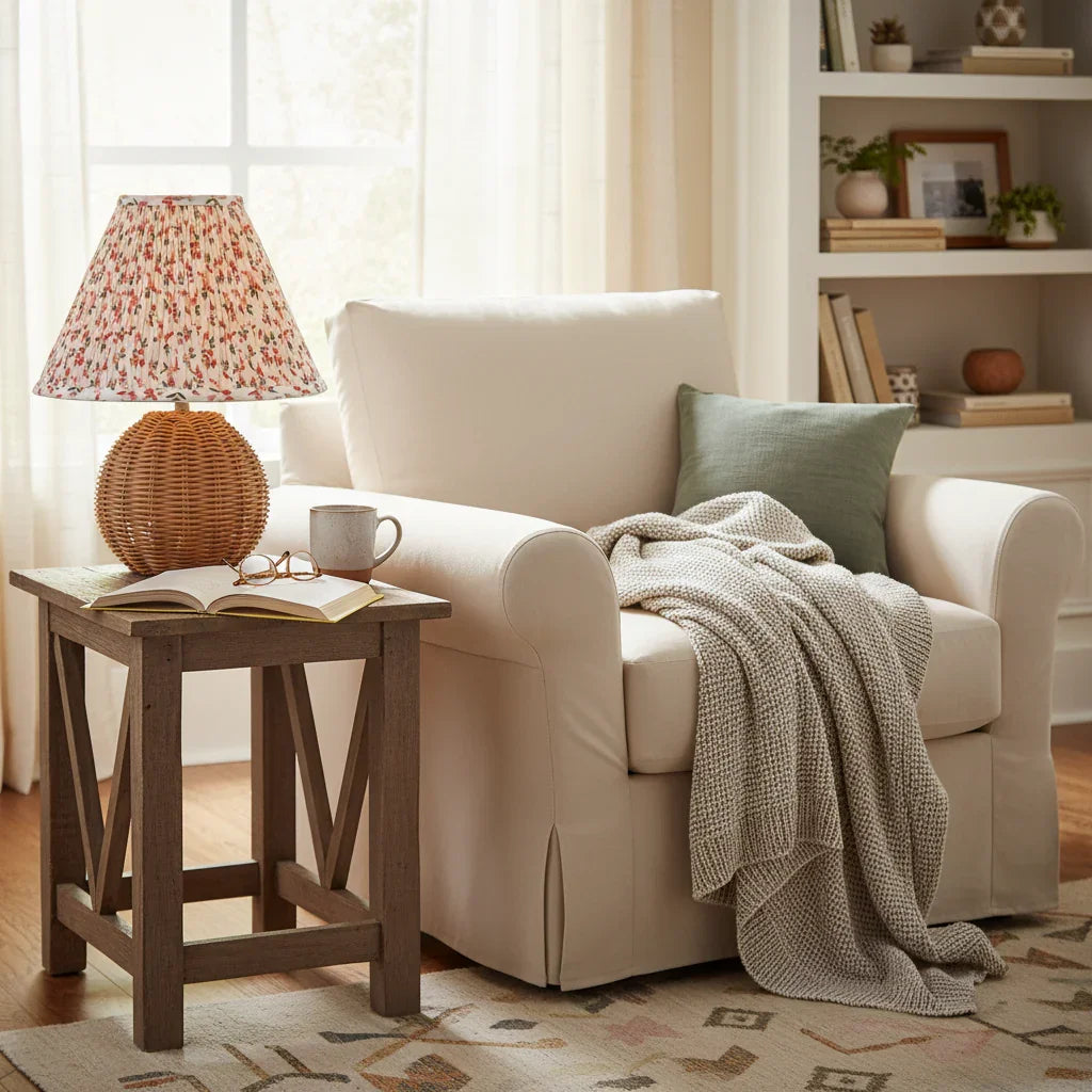 Round 10 Inch Faux Rattan with Pleated Floral Shade Table Lamp - IPLUS Lighting