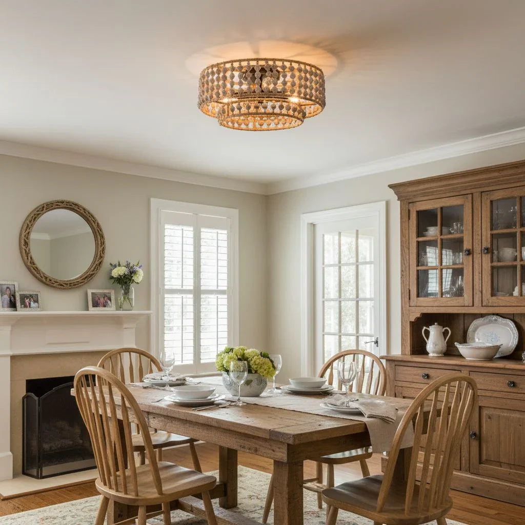 Farmhouse Wood Beaded 3-Light Flush Mount Ceiling Light - IPLUS Lighting