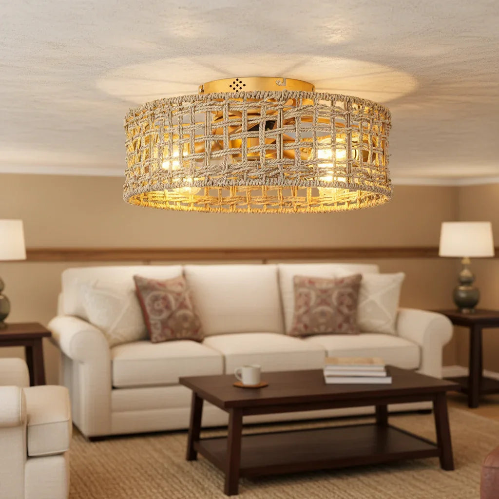 18 Inch Rattan Farmhouse Gold Ceiling Fan - IPLUS Lighting