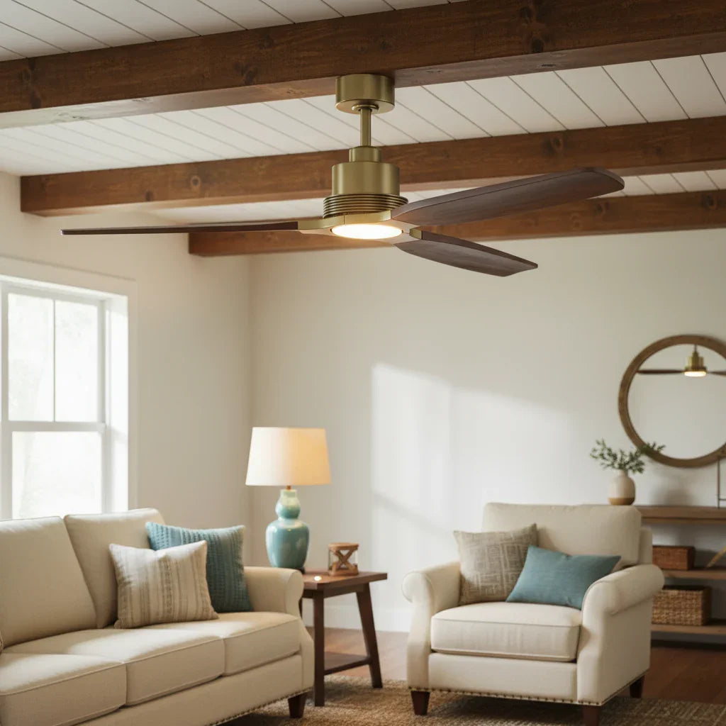 56 Inch Soft Brass LED Solid Wood Ceiling Fan - IPLUS Lighting