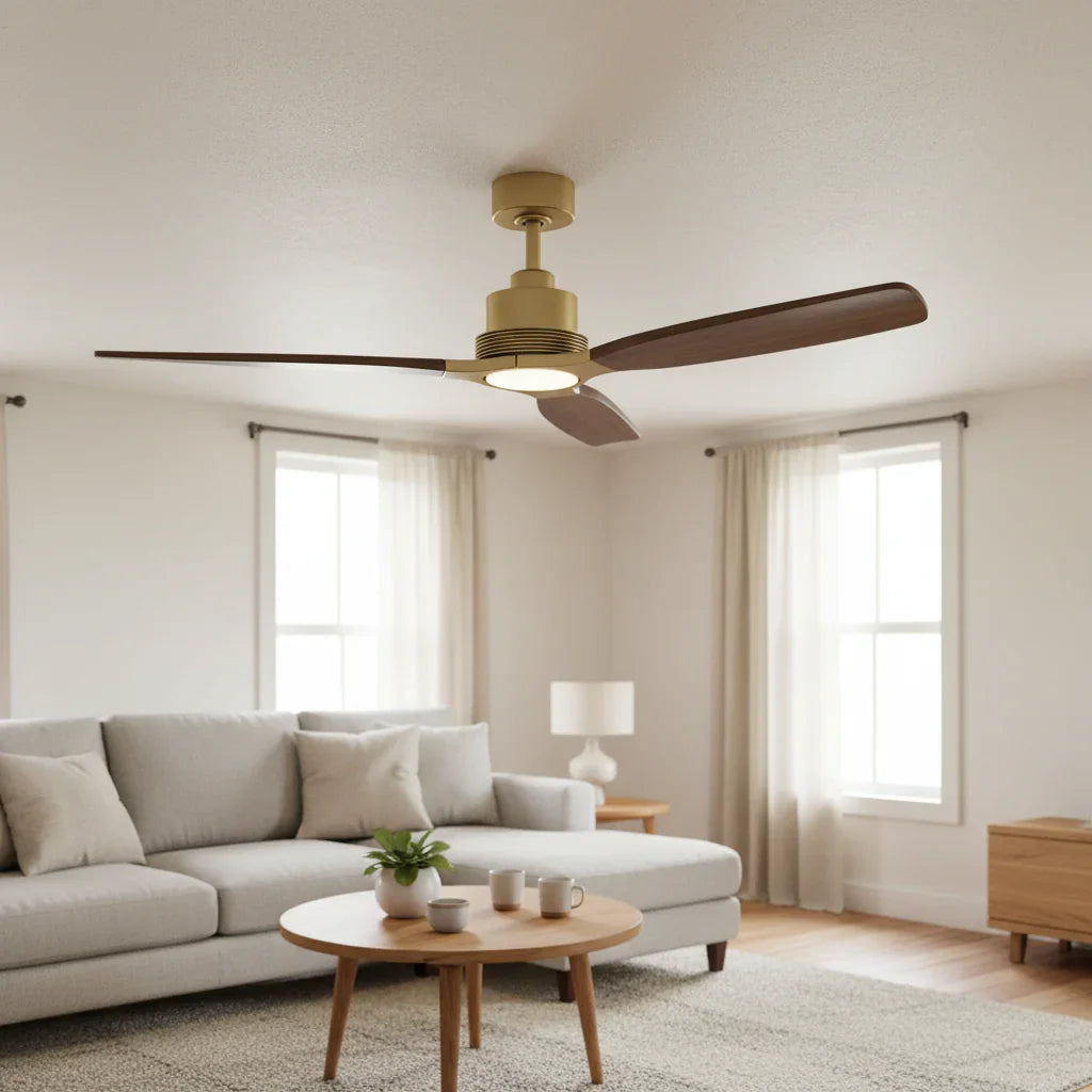 56 Inch Soft Brass LED Solid Wood Ceiling Fan - IPLUS Lighting