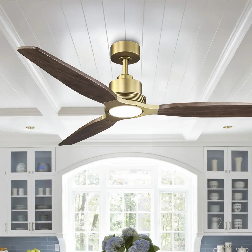 56 Inch Soft Brass LED Solid Wood Ceiling Fan - IPLUS Lighting