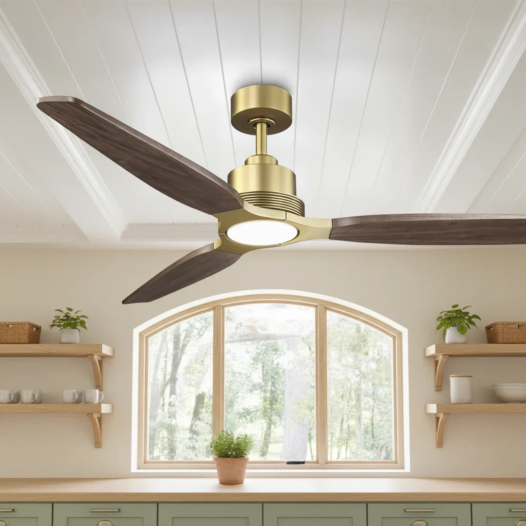 56 Inch Soft Brass LED Solid Wood Ceiling Fan - IPLUS Lighting