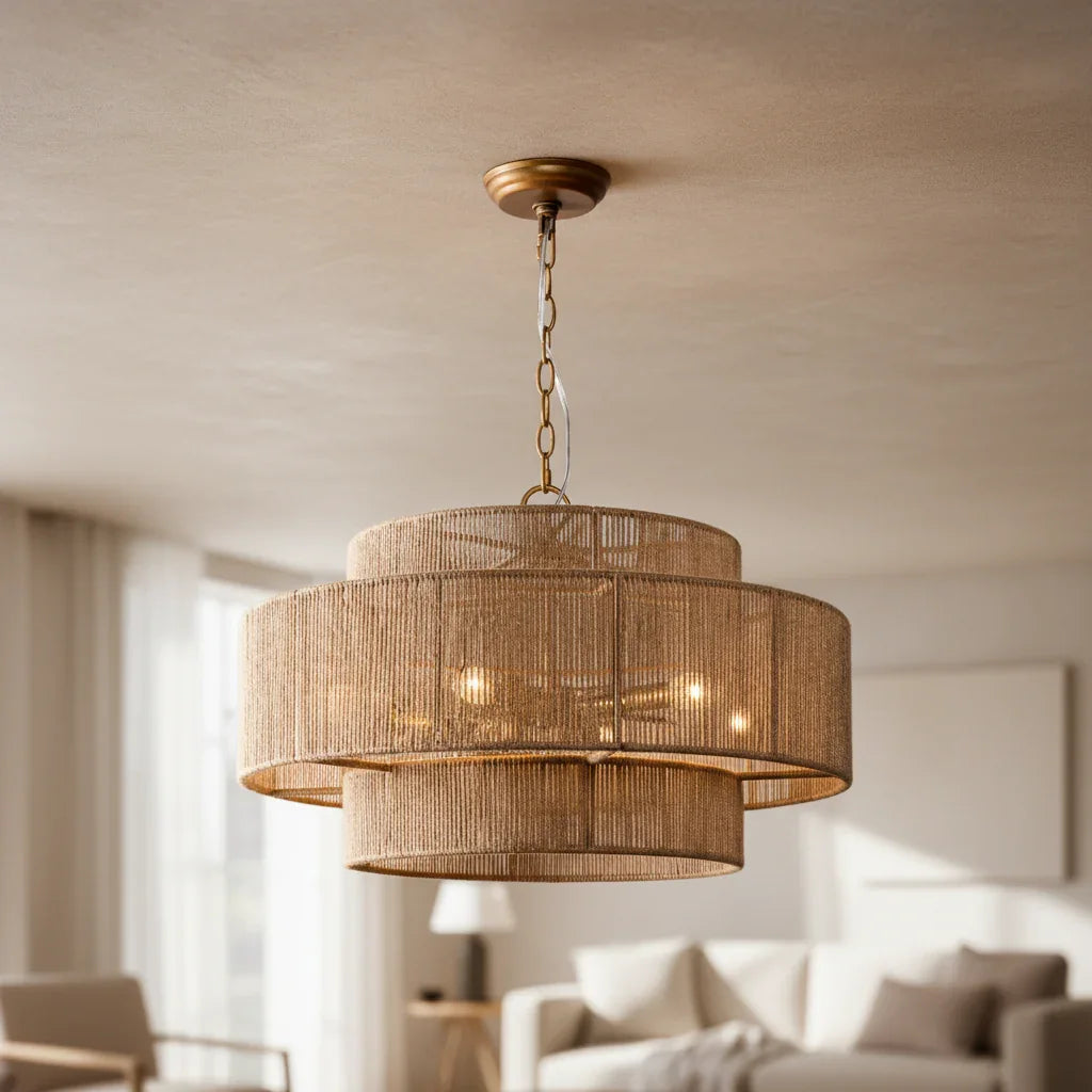 Bohemian Antique Gold 6-Light Drum Pendant Light with Natural Rope - IPLUS Lighting