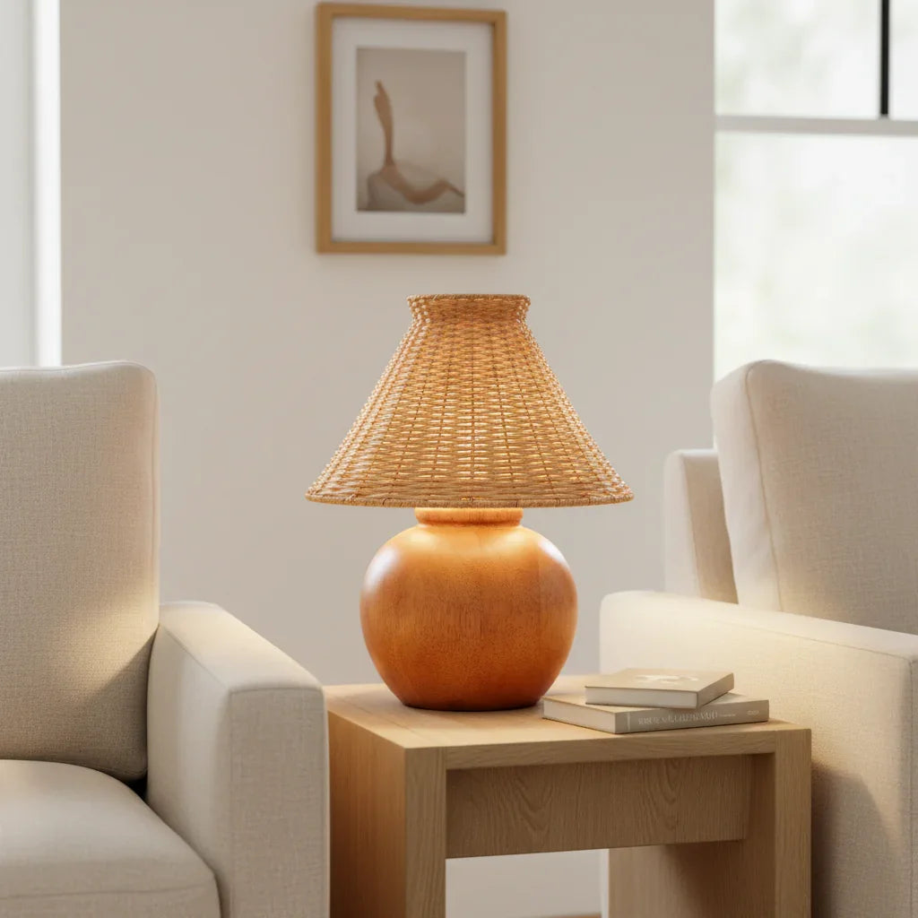 Boho Rattan Shade Wood Table Lamp - IPLUS Lighting