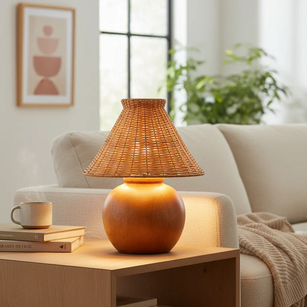 Boho Rattan Shade Wood Table Lamp - IPLUS Lighting
