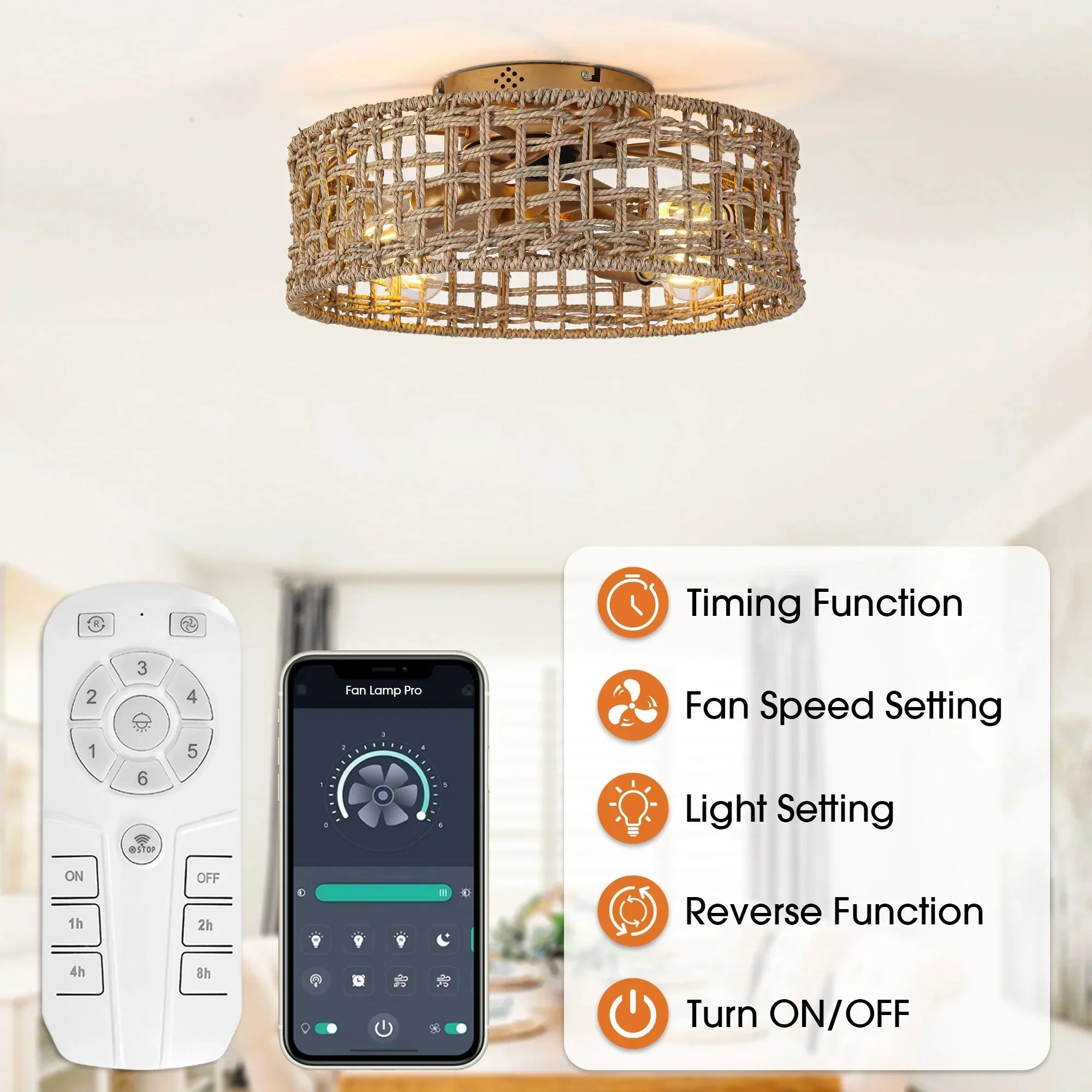 18 Inch Rattan Farmhouse Gold Ceiling Fan - IPLUS Lighting