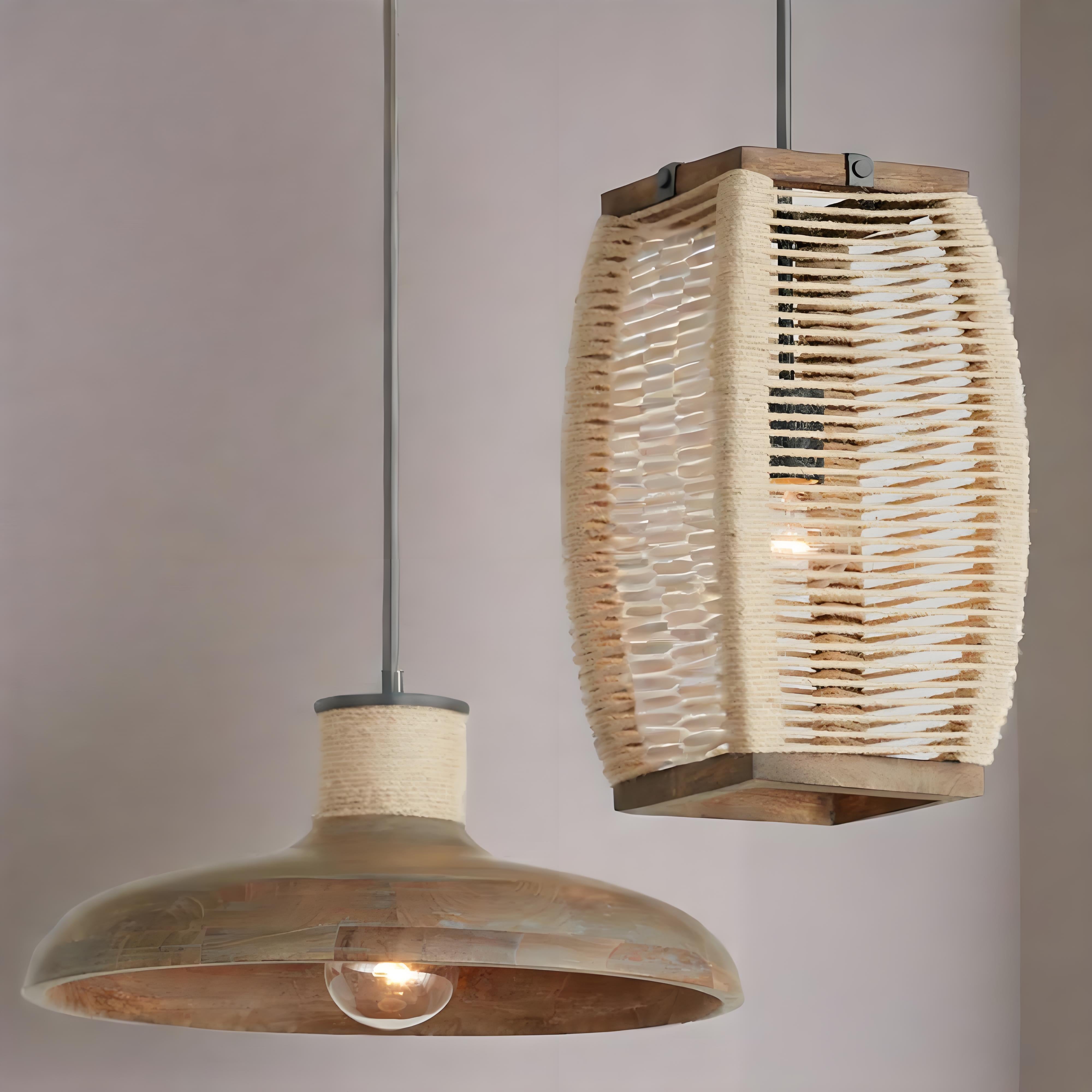 Rustic Industrial 1 - Light Wooden Pendant Light with Jute Rope Accent