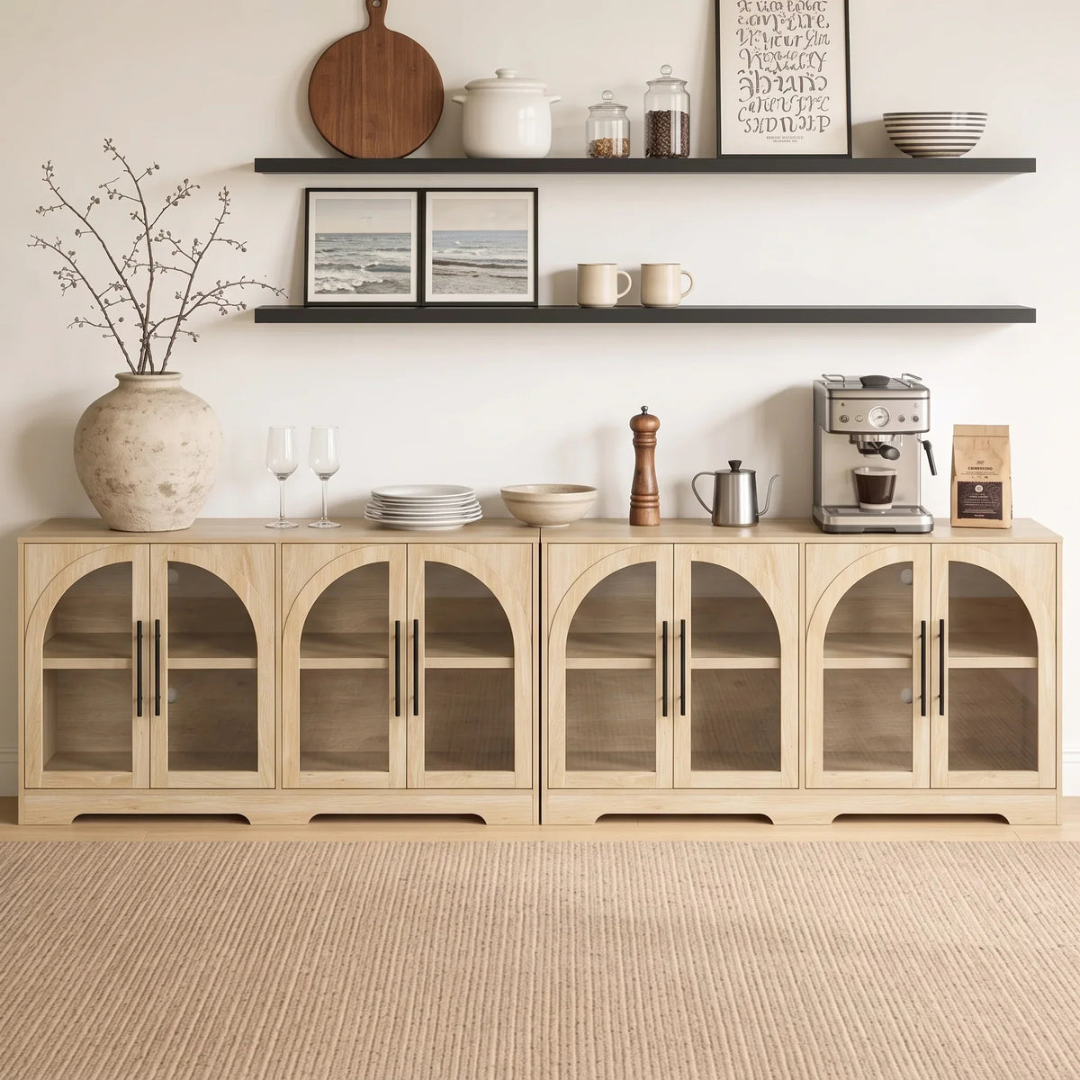 55" Aria Modern Oak Sideboard Cabinet with Arched Glass Doors