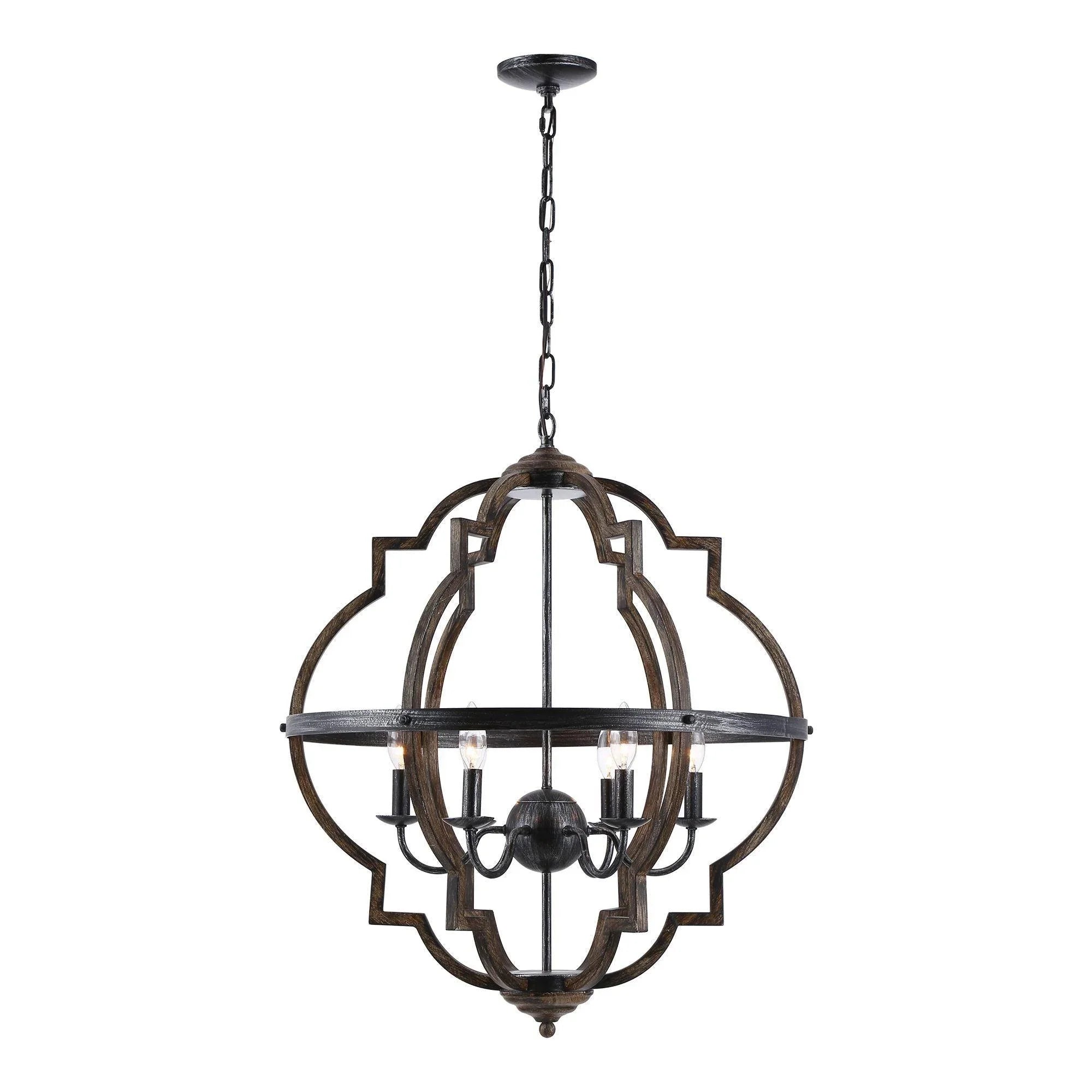 Cambon 6 Light Distressed Black Brushed Wood Lantern Geometric Chandelier - IPLUS Lighting