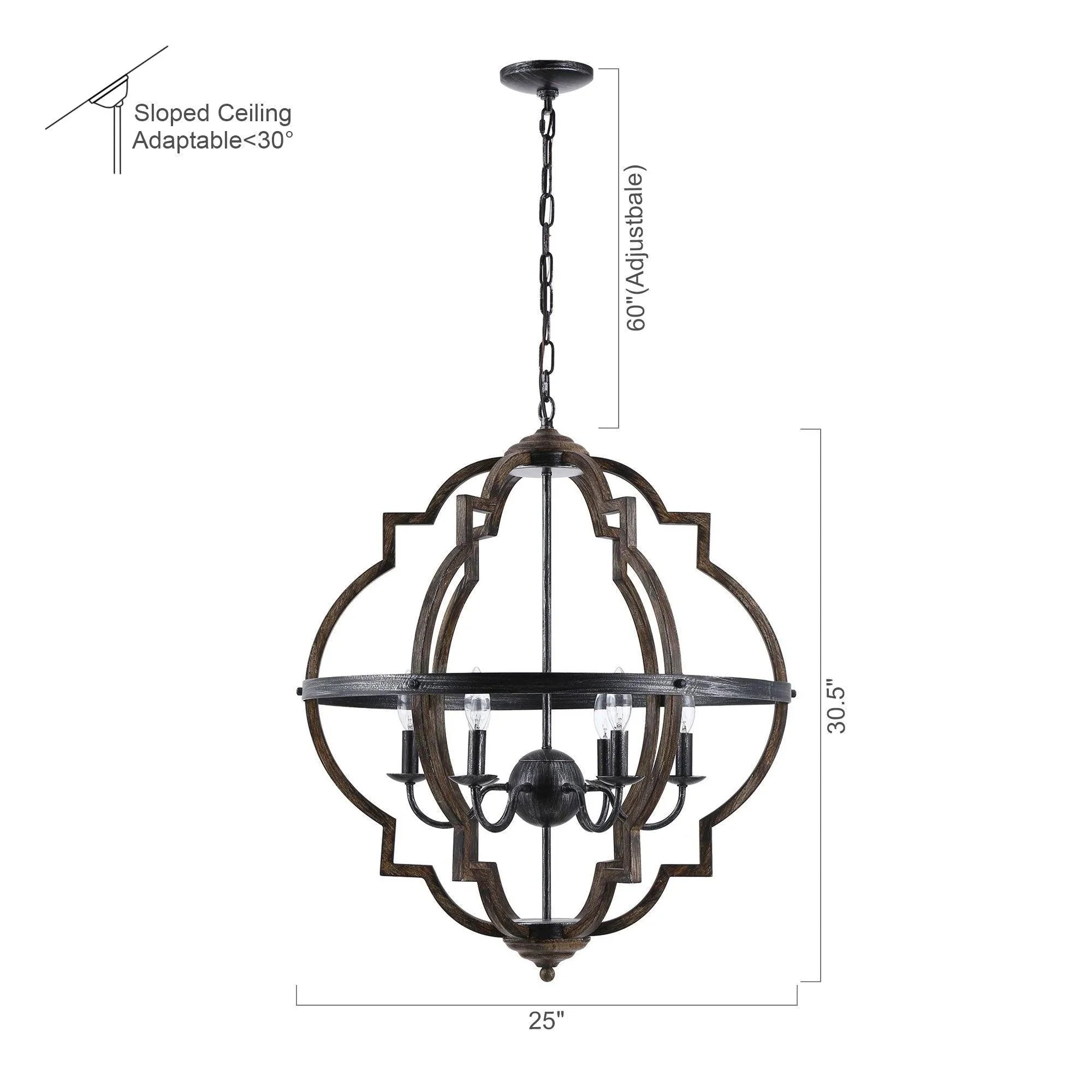 Cambon 6 Light Distressed Black Brushed Wood Lantern Geometric Chandelier - IPLUS Lighting