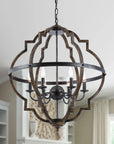 Cambon 6 Light Distressed Black Brushed Wood Lantern Geometric Chandelier - IPLUS Lighting