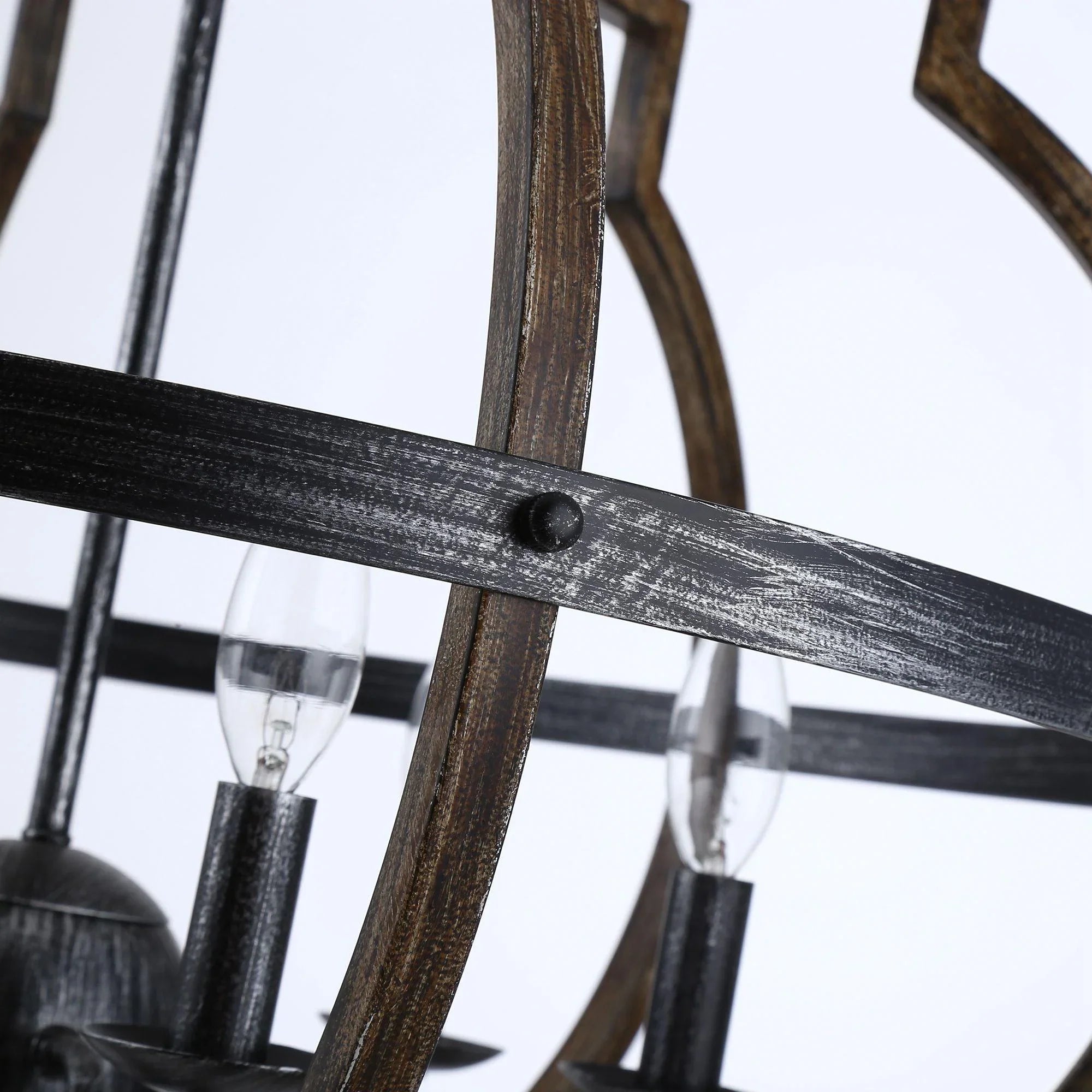 Cambon 6 Light Distressed Black Brushed Wood Lantern Geometric Chandelier - IPLUS Lighting