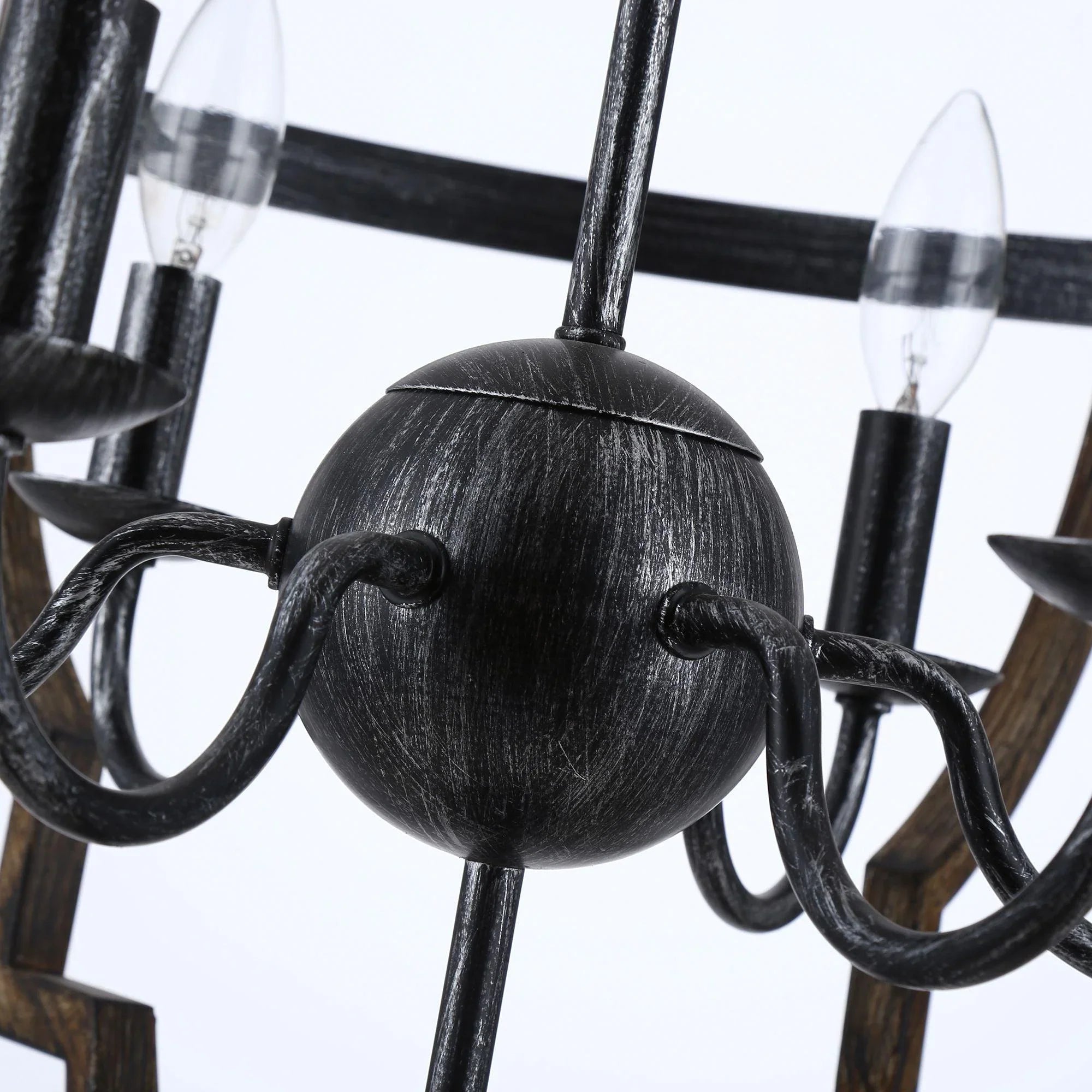 Cambon 6 Light Distressed Black Brushed Wood Lantern Geometric Chandelier - IPLUS Lighting