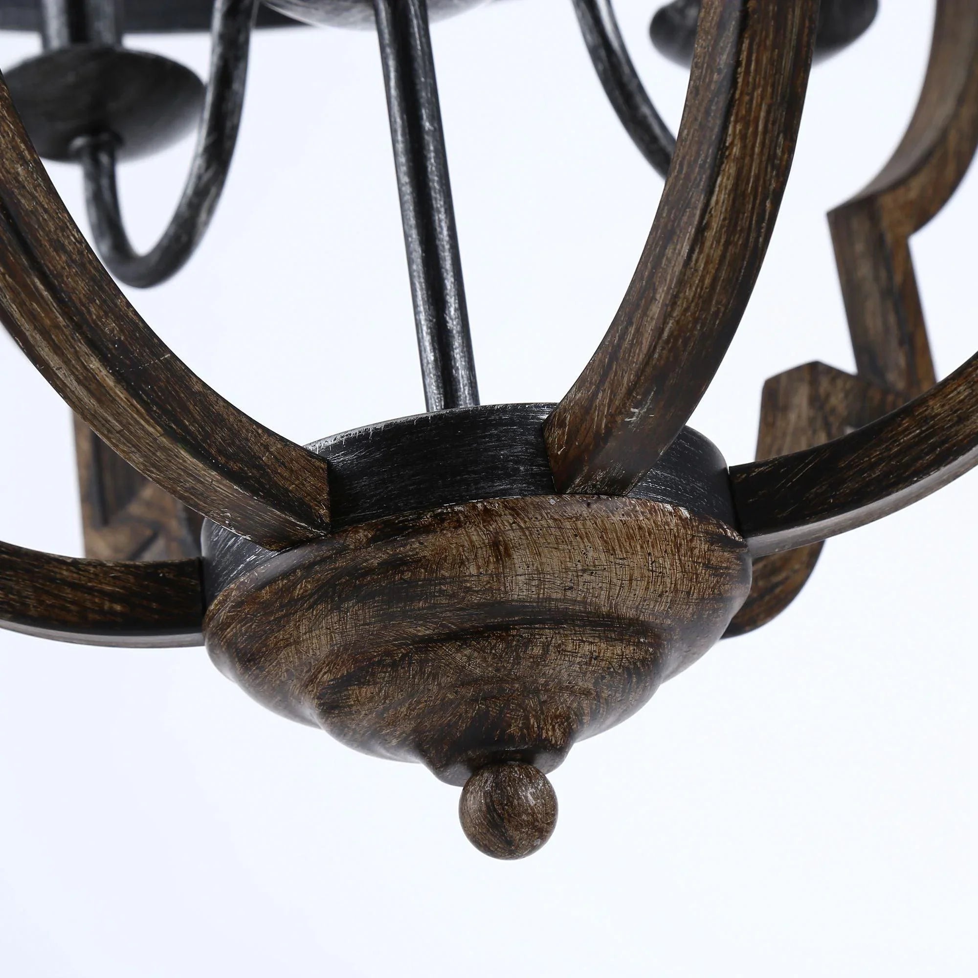 Cambon 6 Light Distressed Black Brushed Wood Lantern Geometric Chandelier - IPLUS Lighting