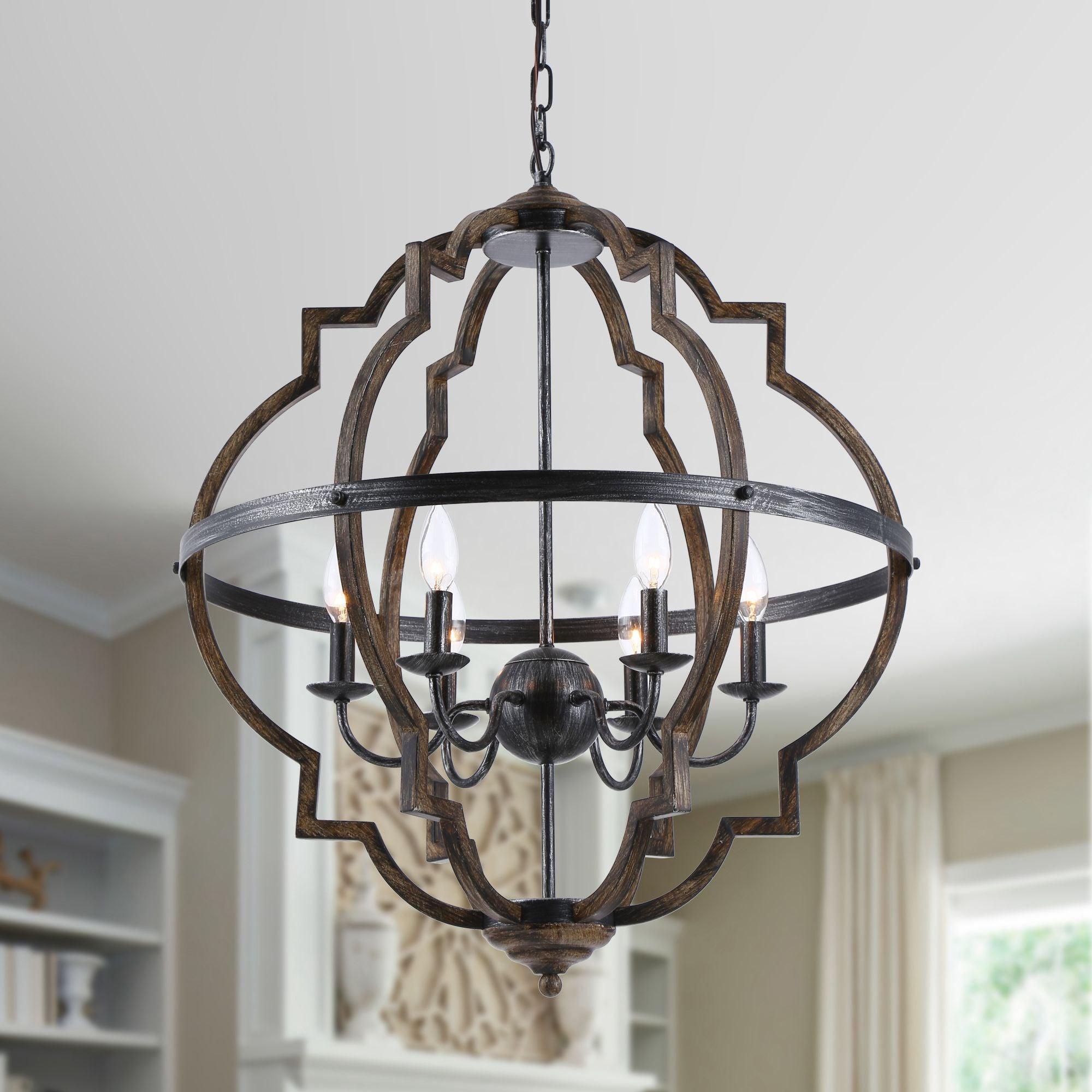 Cambon 6-Light Distressed Black and Brushed Wood Lantern Geometric Chandelier - ParrotUncle