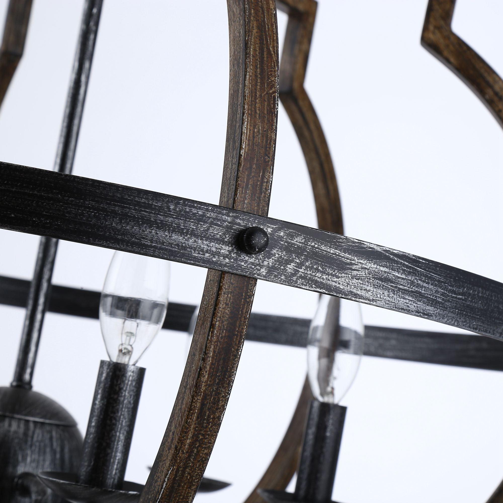 Cambon 6-Light Distressed Black and Brushed Wood Lantern Geometric Chandelier - ParrotUncle