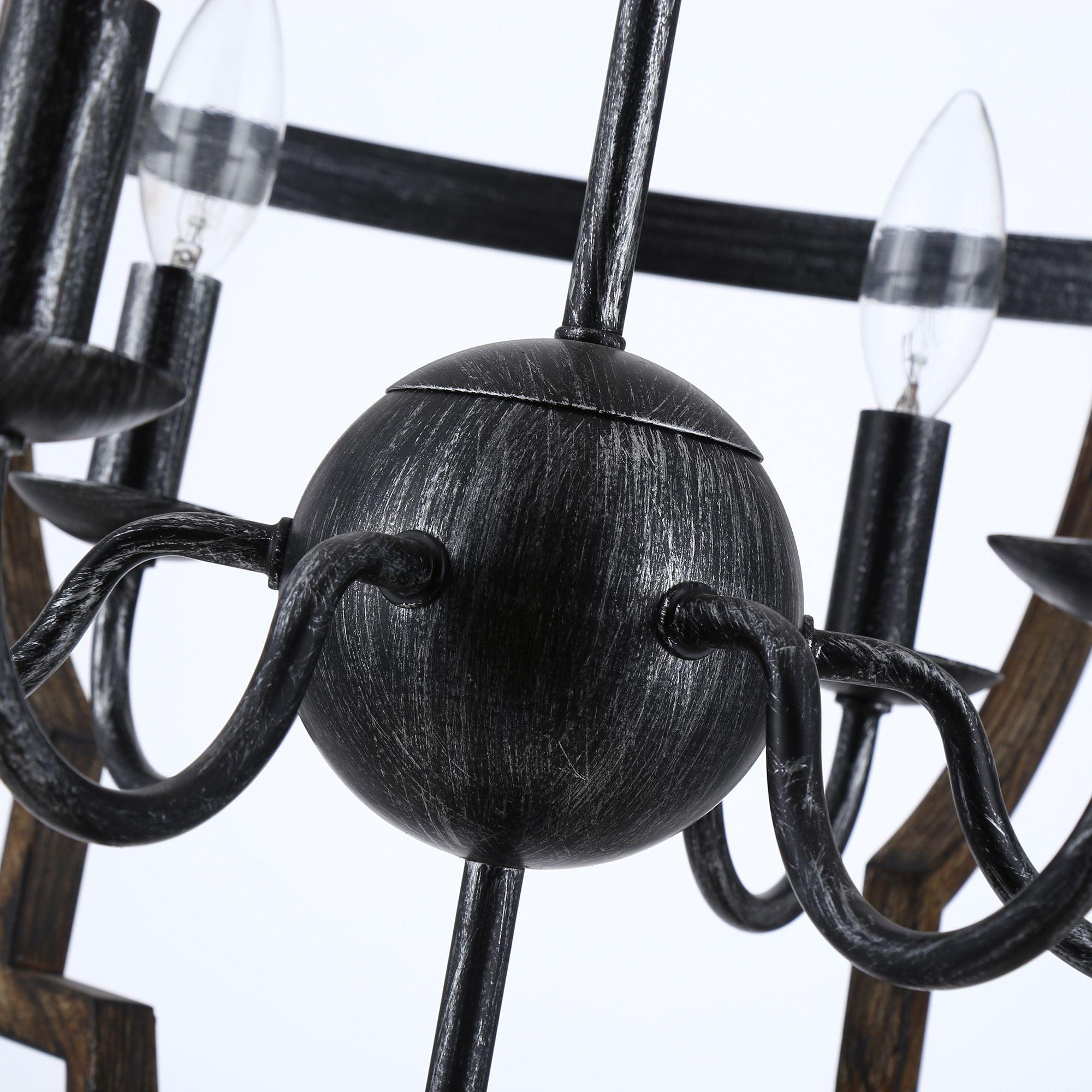 Cambon 6-Light Distressed Black and Brushed Wood Lantern Geometric Chandelier - ParrotUncle