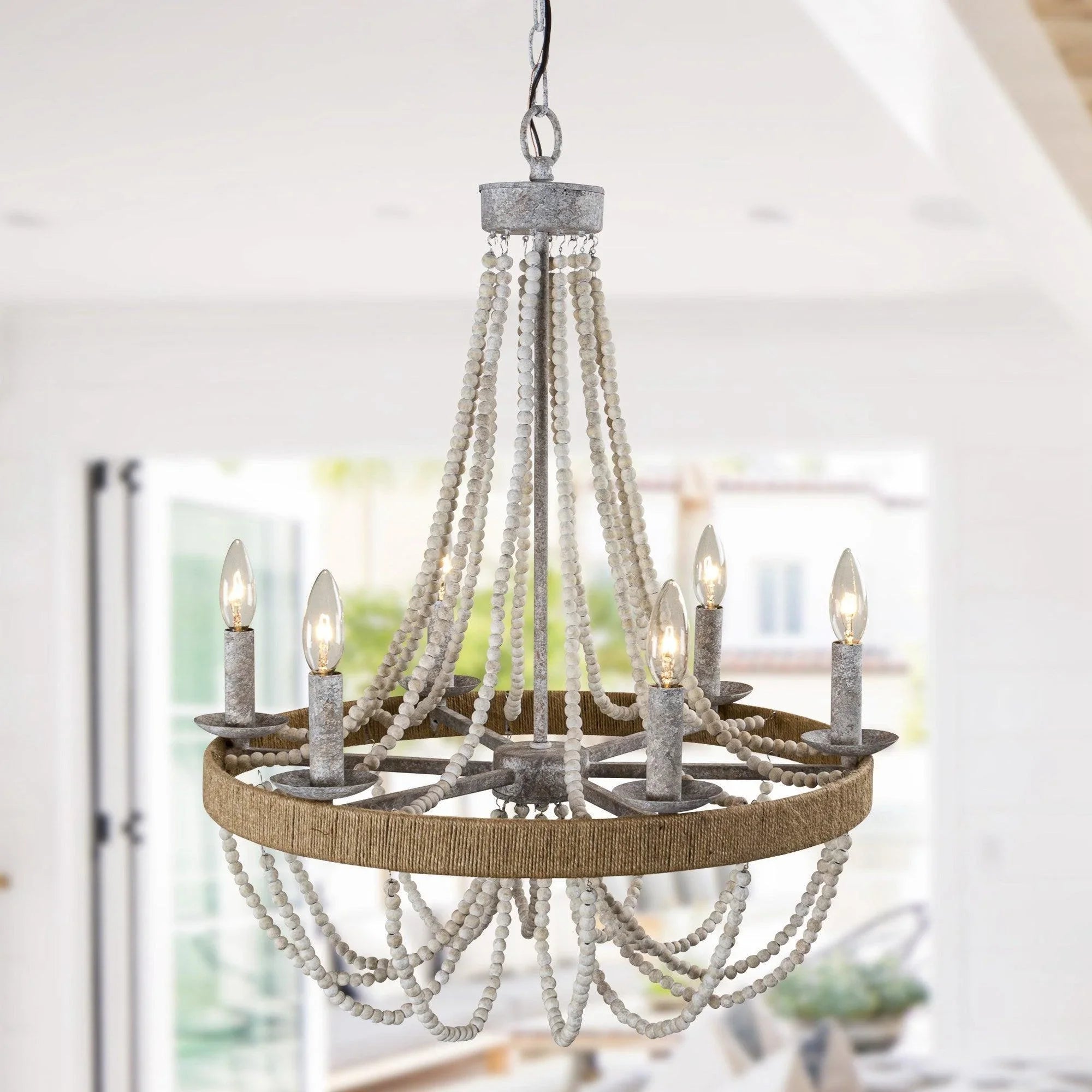 6 Light Chokio Wood Bead Chandelier - IPLUS Lighting