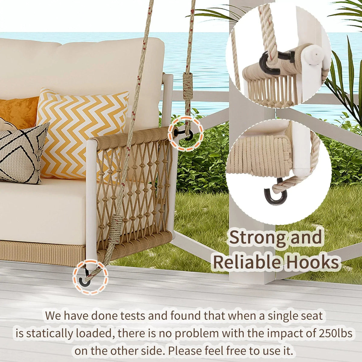 Marin 2-Seat Woven Rope Outdoor Swing Sofa with Cushions