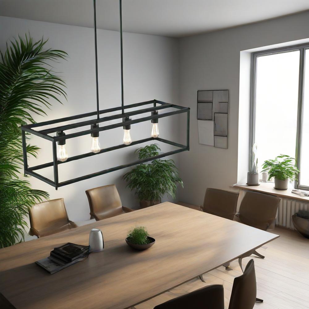 4 Light Modern Matte Black Linear Chandelier Rectangle Open Frame Ceiling Light