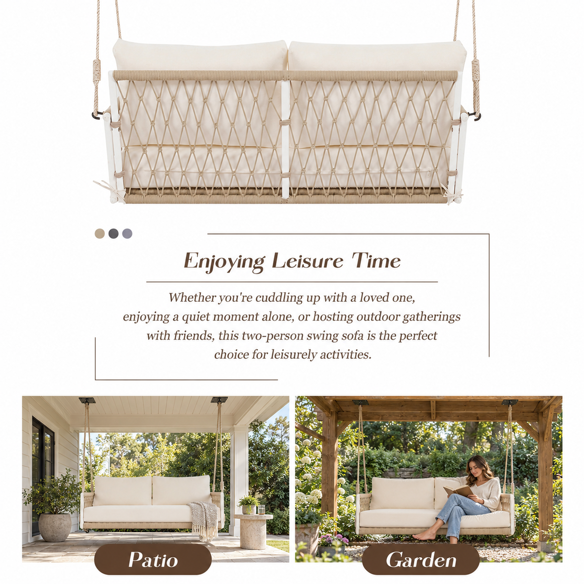 Marin 2-Seat Woven Rope Outdoor Swing Sofa with Cushions