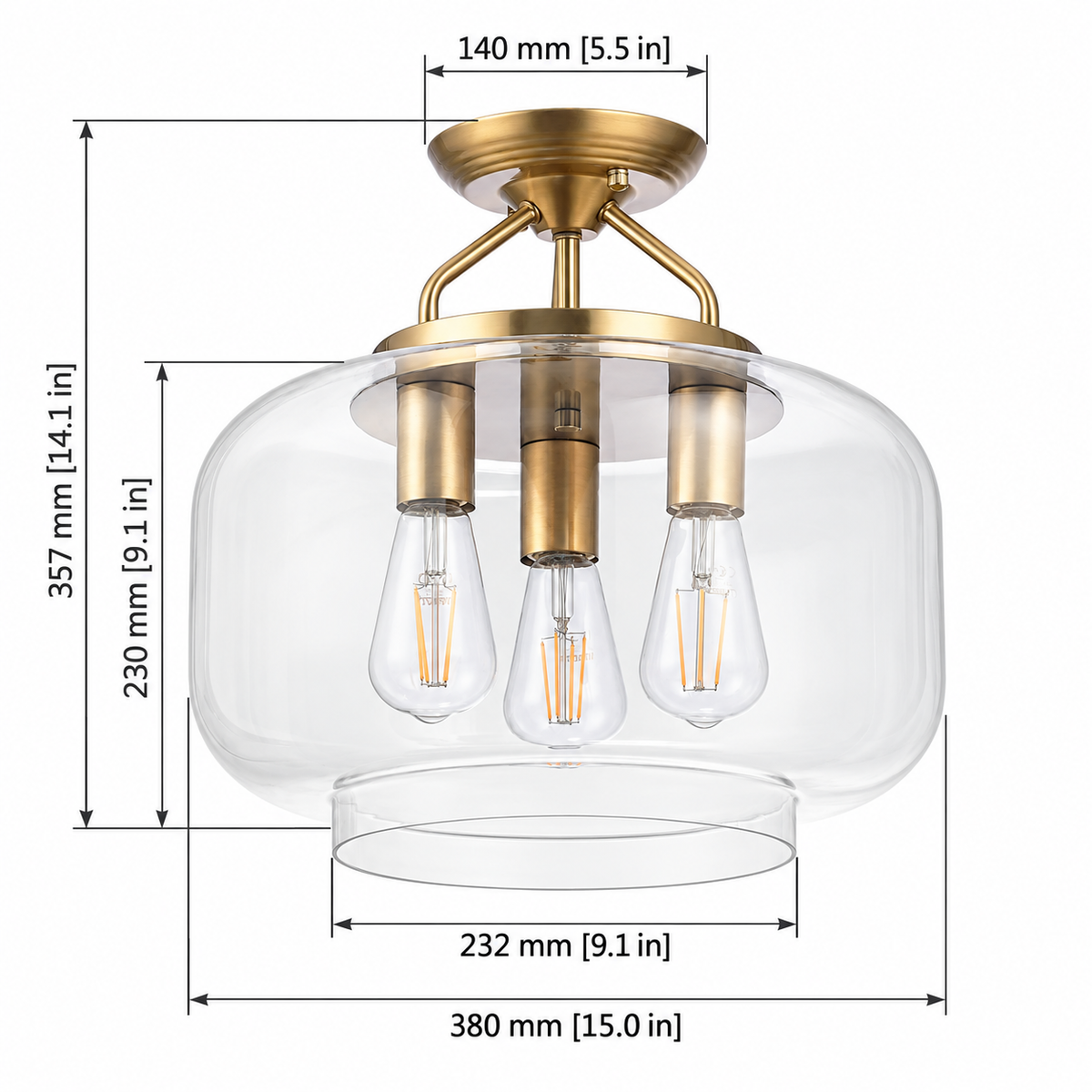 Avenor 3-Light Brushed Brass Glass Semi-Flush Mount Ceiling Light