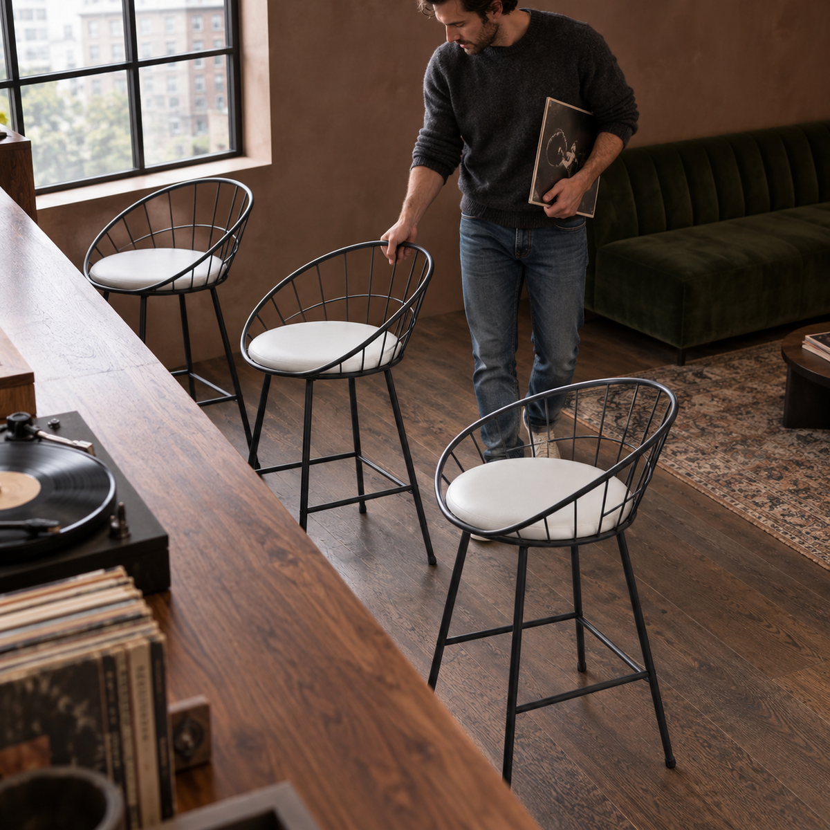 Veya Set of 2 Modern Metal Bar Stools with Cushions
