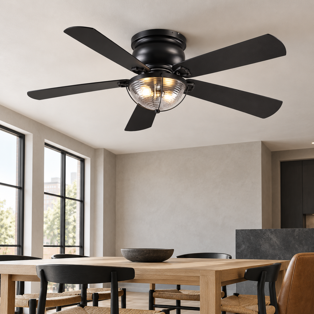 52" Rowan Modern Farmhouse Flush Mount Ceiling Fan with Light