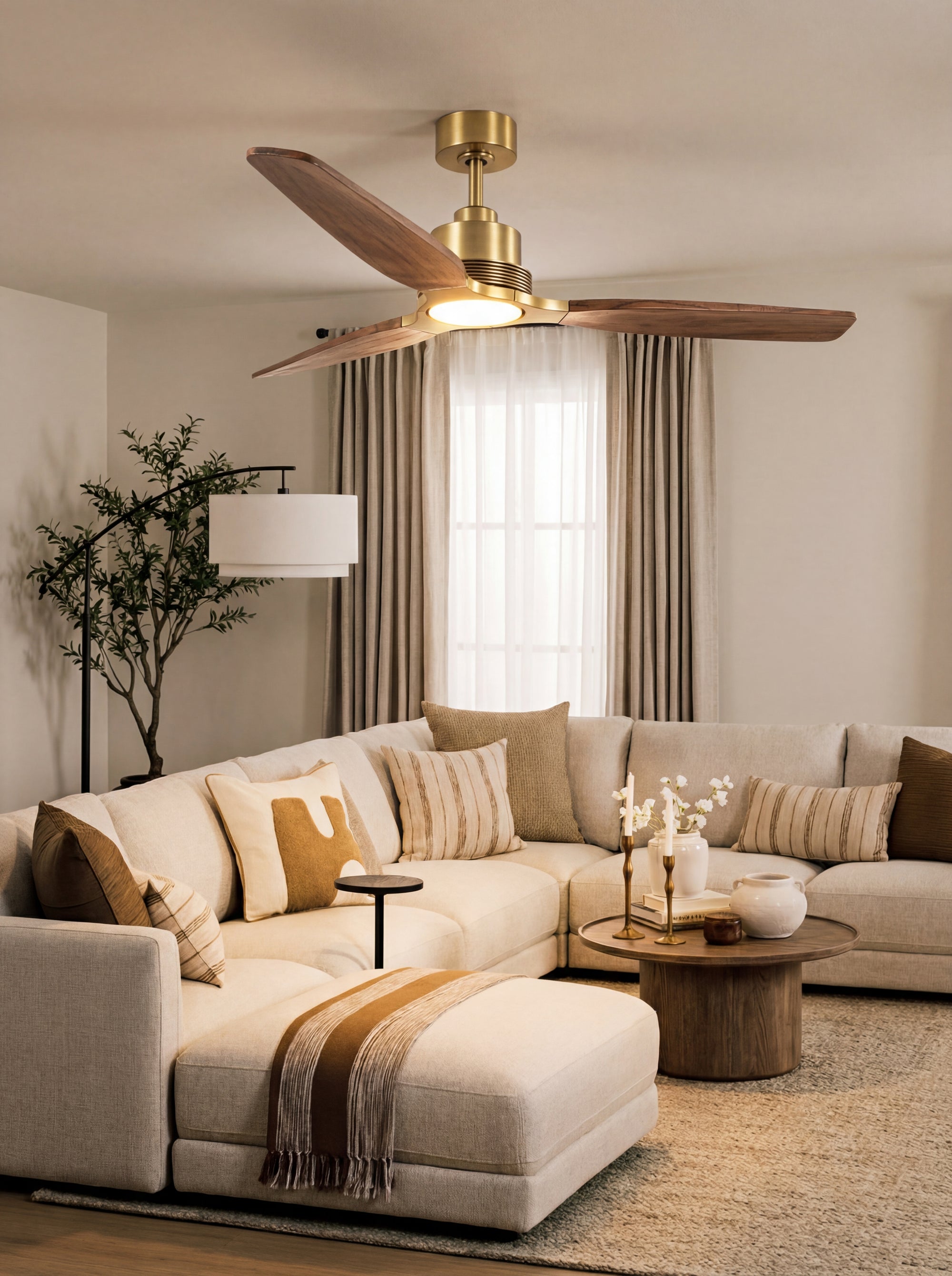 56" Solid Wood Soft Brass Ceiling Fan