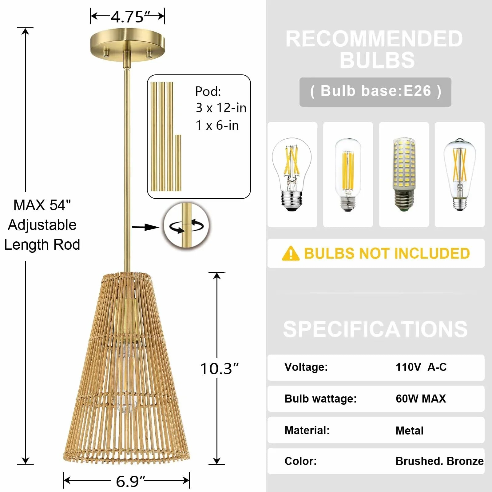Dolaimi 2 Pack Adjustable Industrial Pendant Light 6.9" Rattan Bronze - IPLUS Lighting