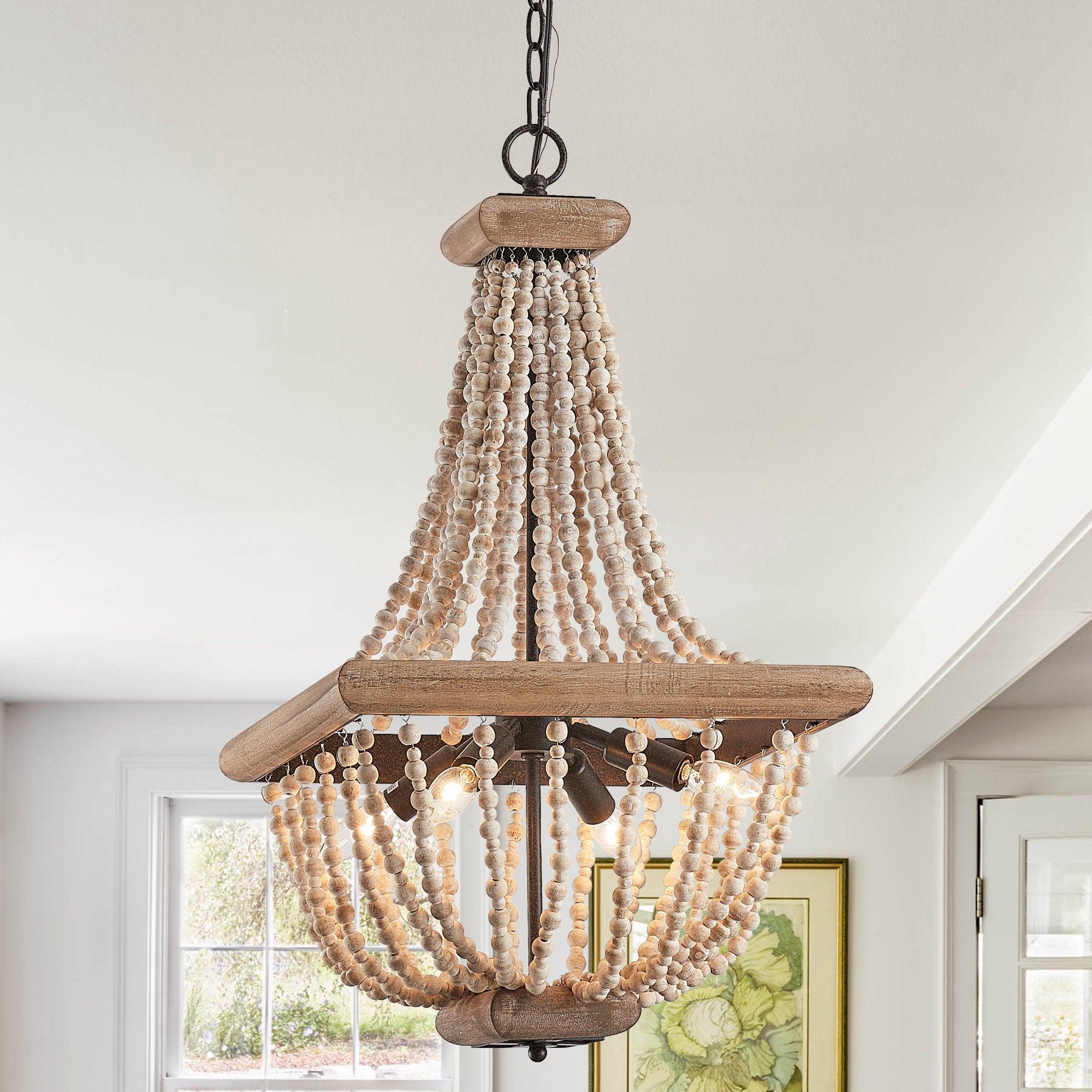 Regas 4-Light Wood Bead Candle Style Chandelier - ParrotUncle