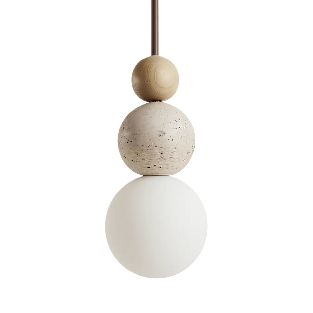 Rile Modern Spherical Travertine and Wood Pendant Light