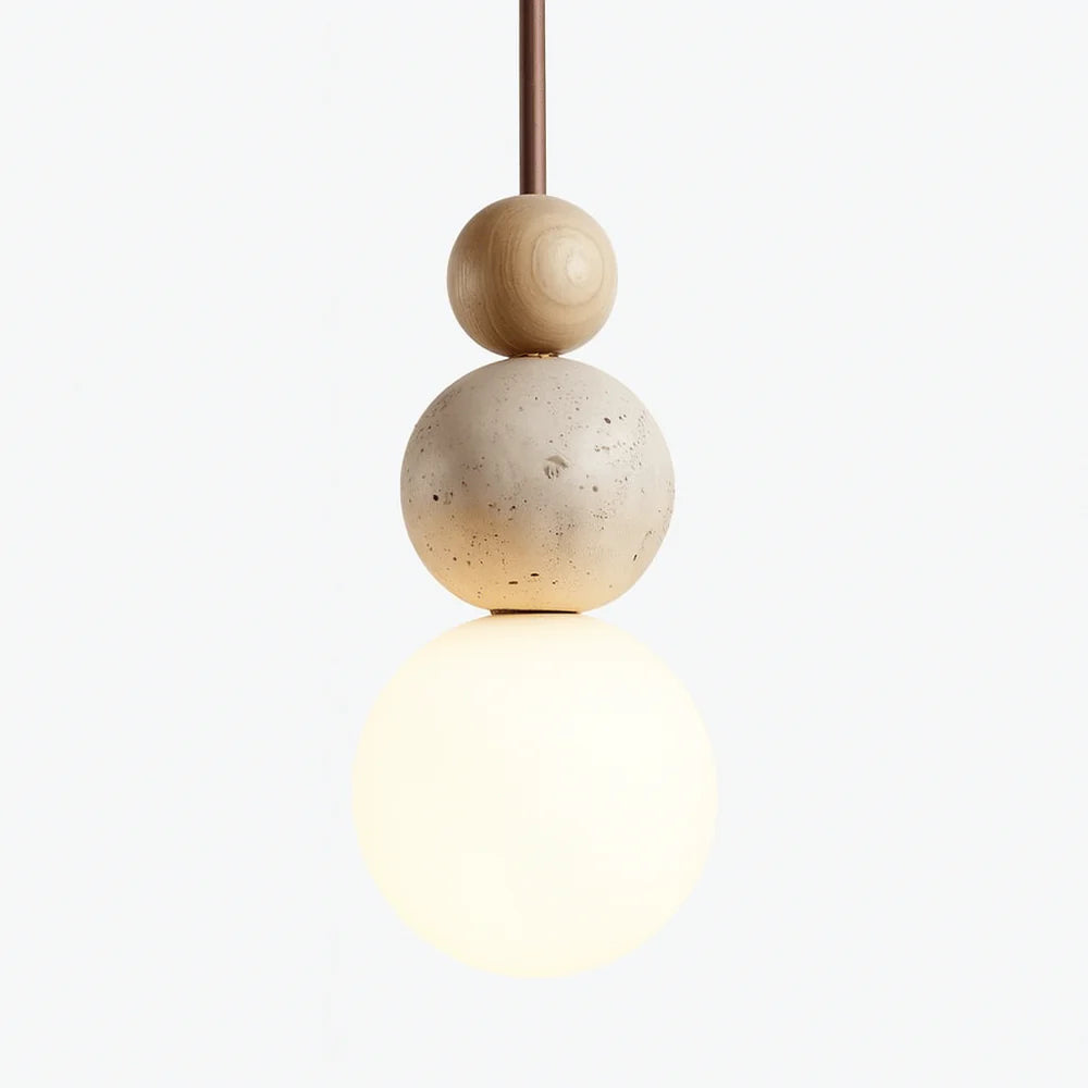 Rile Modern Spherical Travertine and Wood Pendant Light