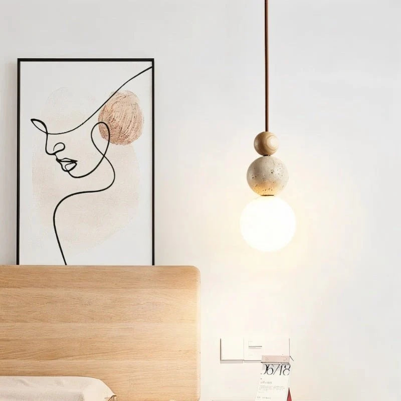 Rile Modern Spherical Travertine and Wood Pendant Light