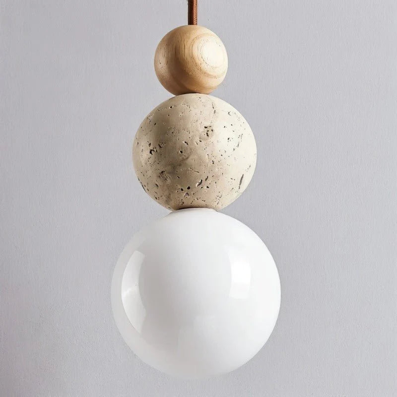 Rile Modern Spherical Travertine and Wood Pendant Light