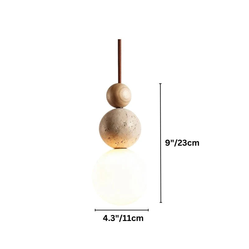 Rile Modern Spherical Travertine and Wood Pendant Light
