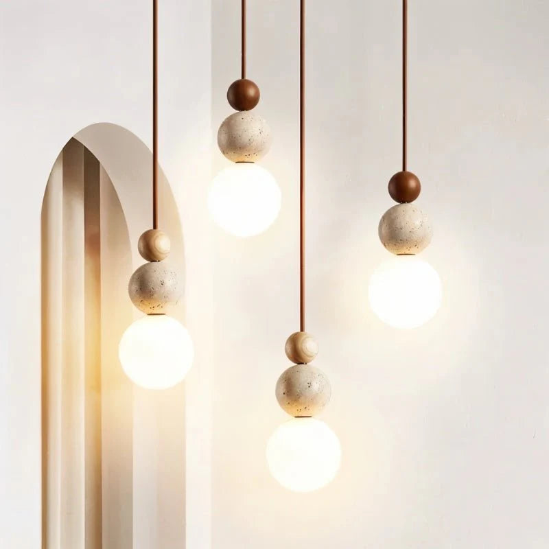 Rile Modern Spherical Travertine and Wood Pendant Light