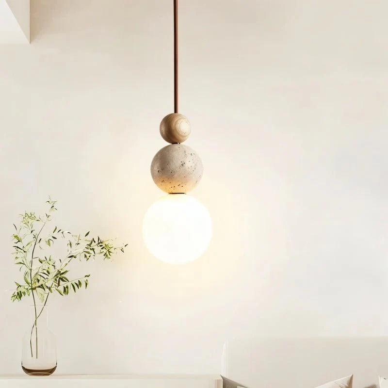 Rile Modern Spherical Travertine and Wood Pendant Light